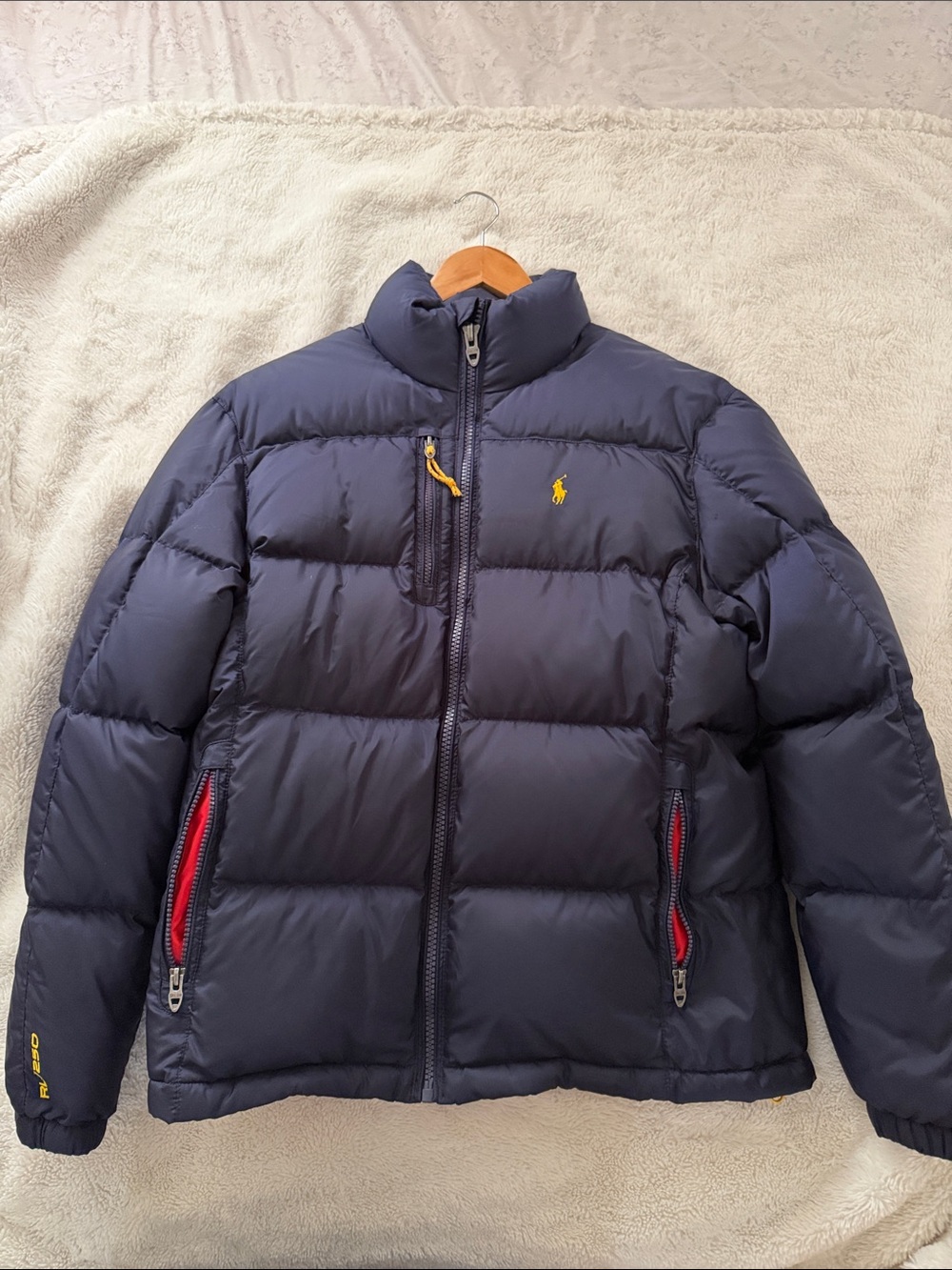 Polo by Ralph Lauren Navy Quilted Puffer Jacket with Red Zip Accents